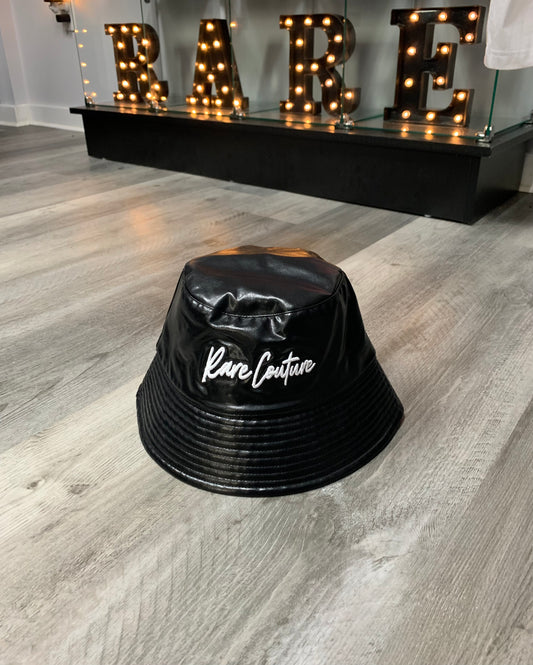 Signature Faux Leather Bucket Hat (Black/White)